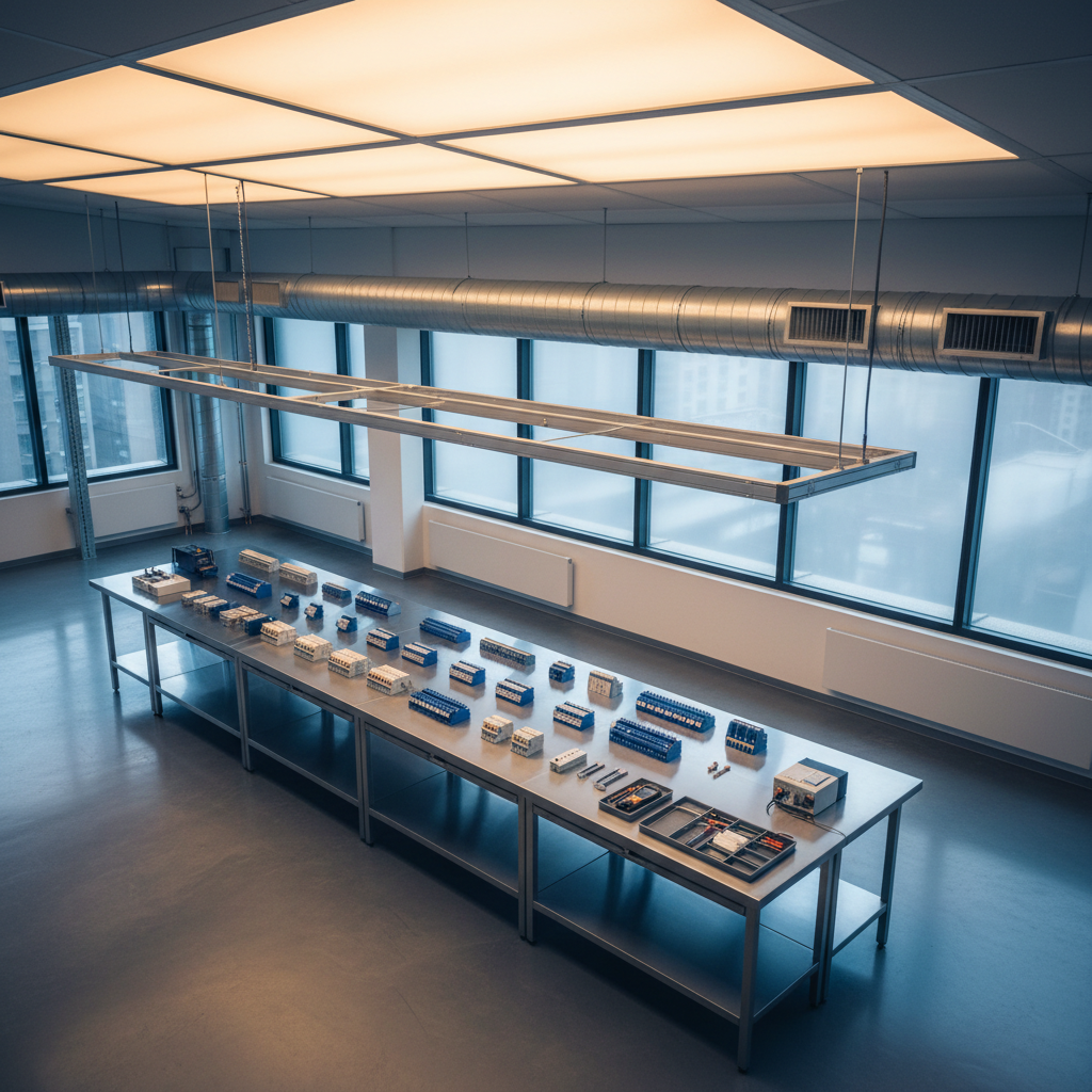 Workbench with arranged industrial electrical components and automation devices under bright workshop lighting