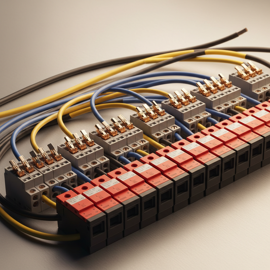Arrangement of industrial electrical components on a clean surface, showcasing precision and order.