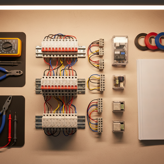 Organized workbench with industrial electrical components, clean and professional lighting
