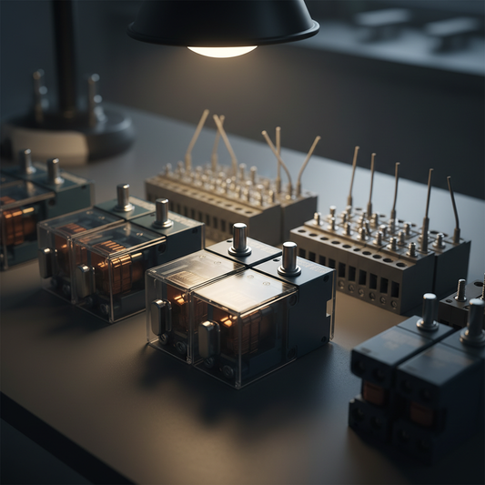 Close-up of various industrial electrical components on a dark workbench