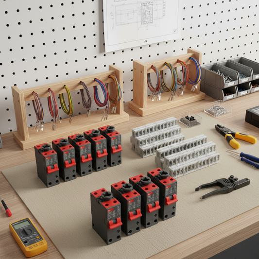 Industrial electrical components neatly arranged on a clean workbench, showcasing precision and organization.