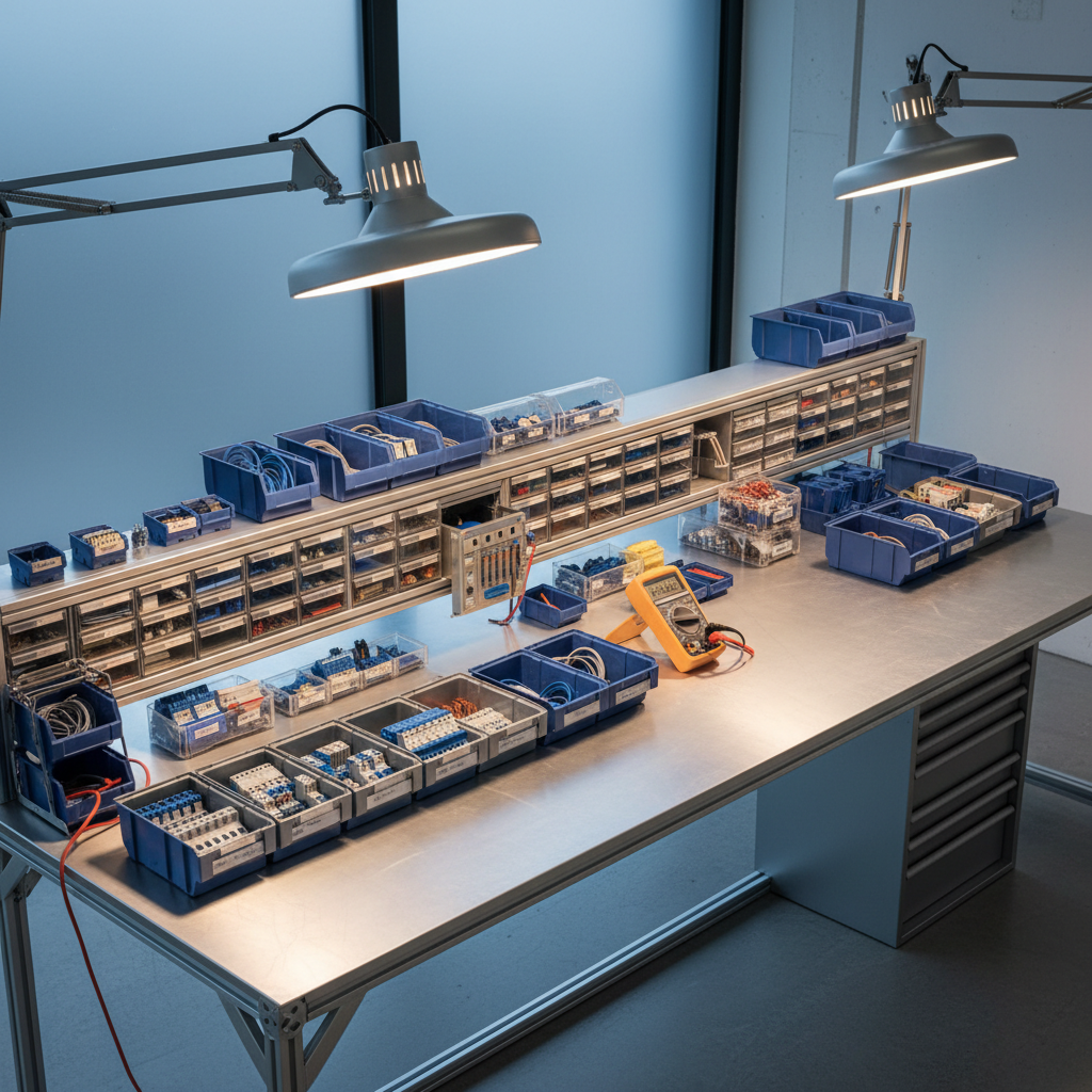 organized industrial workshop bench with electrical components, circuit breakers, and terminal blocks