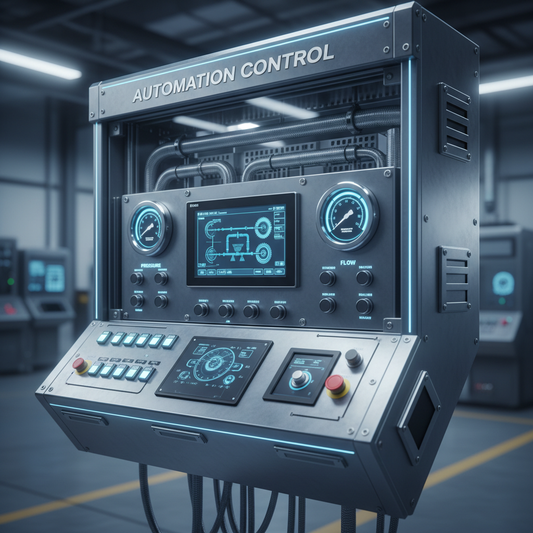 Close-up of a sophisticated industrial control panel with intricate wiring and buttons.