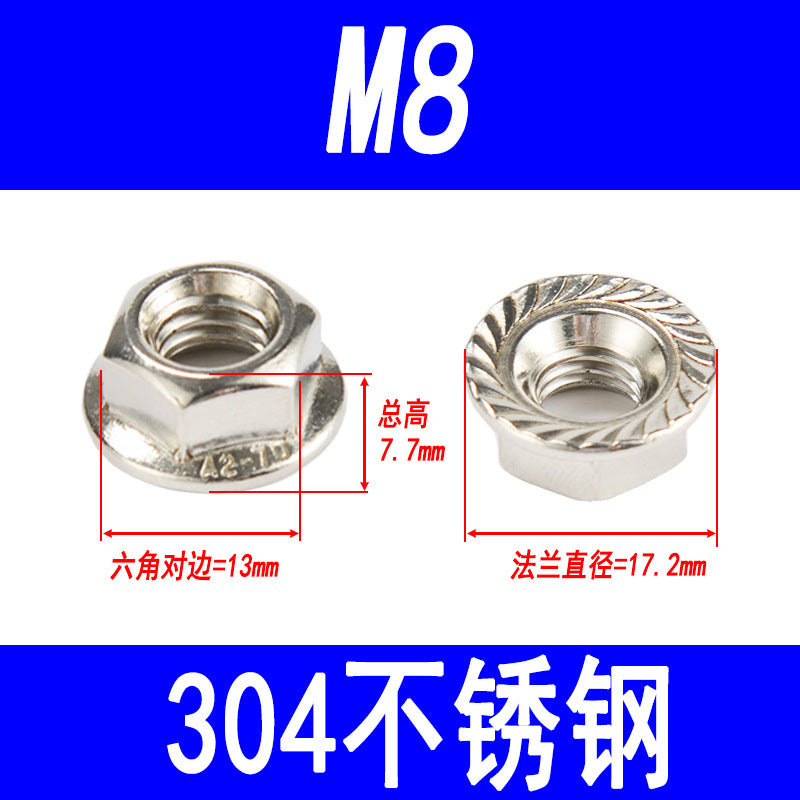 304 Stainless Steel Flange Nuts, Hexagonal with Washer, Anti-slip and Anti-loosening Nuts, M3 M4 M5 M6 M8 M10 M12 M16