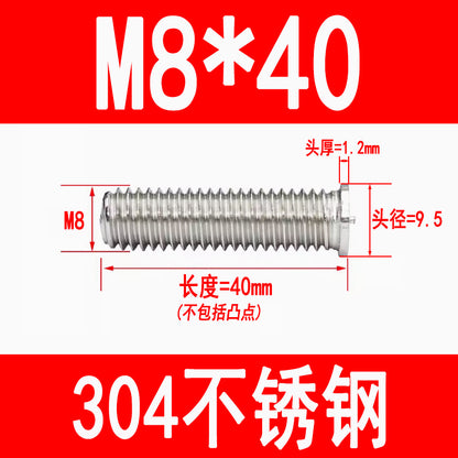 PT type 304 stainless steel welded screws, including welded studs, spot welded studs, and welded bolts (M3, M4, M5, M6, M8).