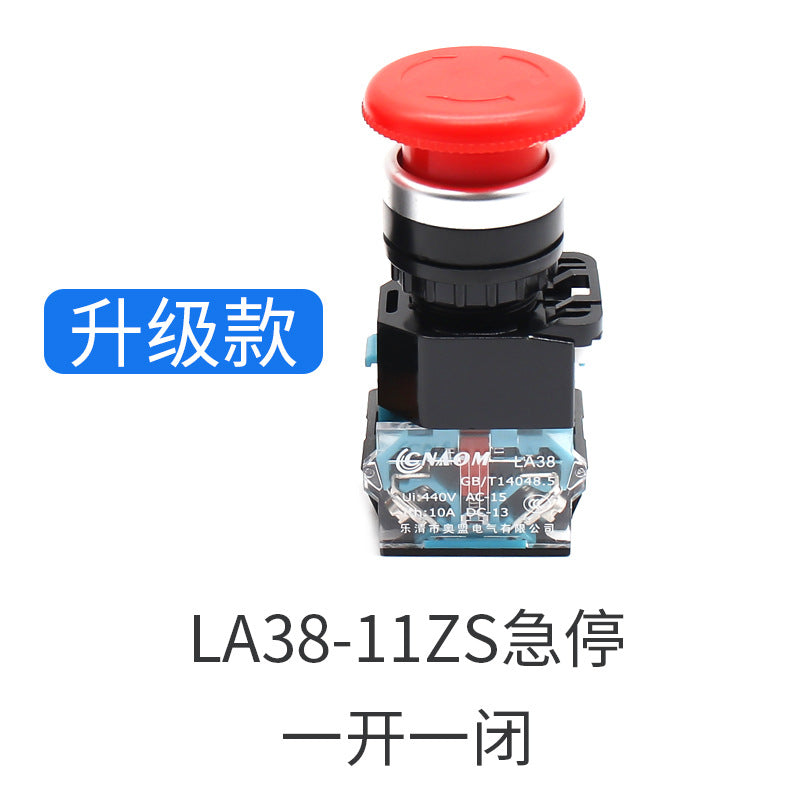 Emergency stop button switch LA38-11ZS emergency stop self-locking emergency stop switch STOP opening 22, one open and one closed.