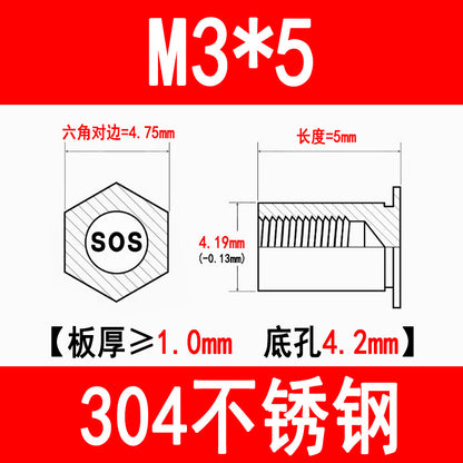 304 Stainless Steel Through-Hole Press-Fit Nut Post, Hexagonal Press-Fit Stud, Sheet Metal Press Plate Post, SOS-M3M4M5M6