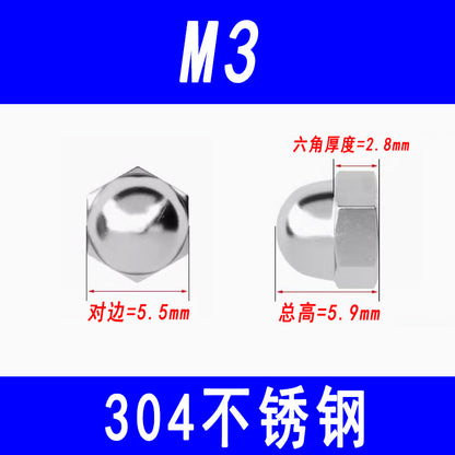 304 Stainless Steel Cap Nut, Decorative Cap Nut, Ball Head Cap Nut, M3 M4 M5 M6 M8 M10 M12 M16