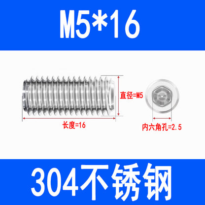304 Stainless Steel Socket Head Set Screws, Recessed End, Set Screws, M3, M4, M5, M6, M8, M10, M12