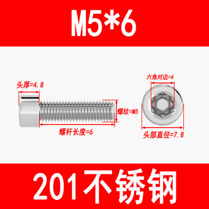 Factory 201 Stainless Steel Hexagon Socket Head Screw Cup Head Bolt Cylindrical Head Screw M3M4M5M6M8M10M12M16
