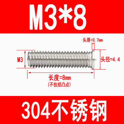 PT type 304 stainless steel welded screws, including welded studs, spot welded studs, and welded bolts (M3, M4, M5, M6, M8).