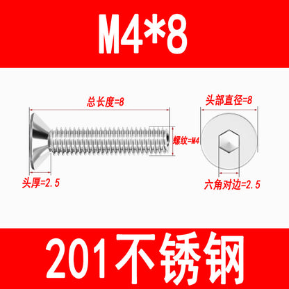 201 Stainless Steel Countersunk Head Hexagonal Screws Flat Head Screws Machine Thread Flat Cup Bolts M3M4M5M6M8M10M12