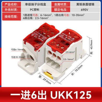 UKK80A Junction Box, One Input, Multiple Output, Rail-Mounted Type, 125A, 160A, 250A, 400A, 500A Neutral Terminal Block