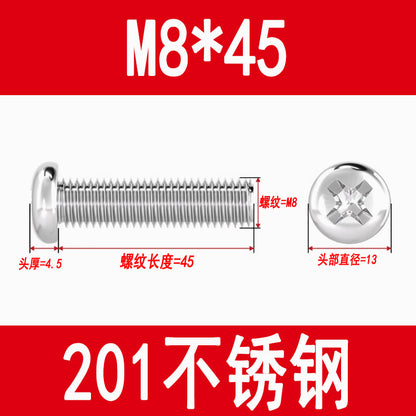 201 Stainless Steel Cross Round Head Screws Pan Head Cross Screws Machine Thread Cross Slot Screws M3M4M5M6M8