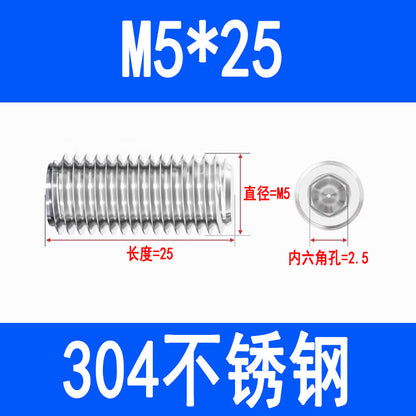 304 Stainless Steel Socket Head Set Screws, Recessed End, Set Screws, M3, M4, M5, M6, M8, M10, M12