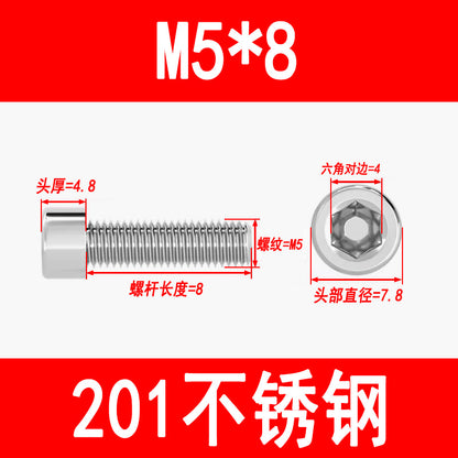 Factory 201 Stainless Steel Hexagon Socket Head Screw Cup Head Bolt Cylindrical Head Screw M3M4M5M6M8M10M12M16