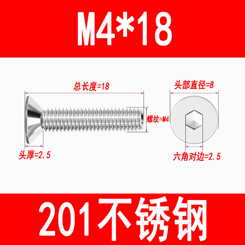 201 Stainless Steel Countersunk Head Hexagonal Screws Flat Head Screws Machine Thread Flat Cup Bolts M3M4M5M6M8M10M12