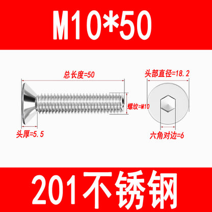 201 Stainless Steel Countersunk Head Hexagonal Screws Flat Head Screws Machine Thread Flat Cup Bolts M3M4M5M6M8M10M12