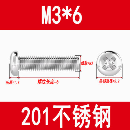 201 Stainless Steel Cross Round Head Screws Pan Head Cross Screws Machine Thread Cross Slot Screws M3M4M5M6M8