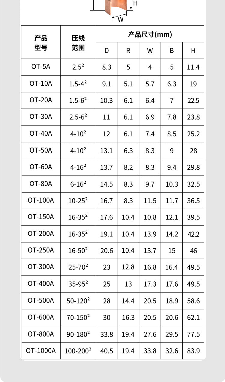 Factory direct supply of OT copper open lug cold-pressed connector terminals with thickened copper wire lugs