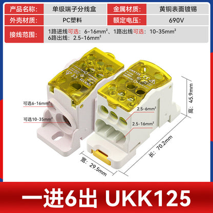 UKK80A Junction Box, One Input, Multiple Output, Rail-Mounted Type, 125A, 160A, 250A, 400A, 500A Neutral Terminal Block