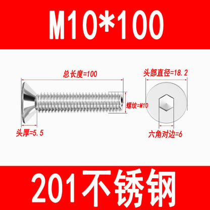 201 Stainless Steel Countersunk Head Hexagonal Screws Flat Head Screws Machine Thread Flat Cup Bolts M3M4M5M6M8M10M12