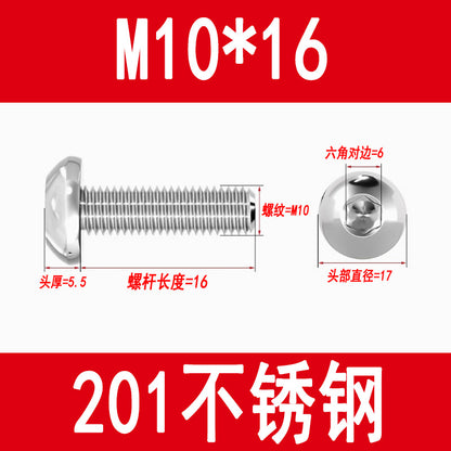 201 Stainless Steel Half-Round Head Hexagon Socket Screws Pan Head Mushroom Head Screws Round Cup Bolts M3M4M5M6M8M10