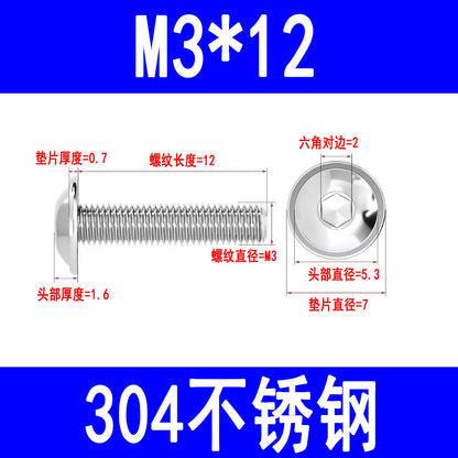 304 Stainless Steel Round Head Hex Socket Head Screws with Washers, Mushroom Head Pan Head Machine Screws M3 M4 M5 M6 M8