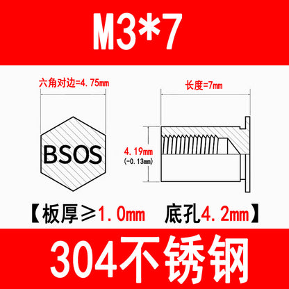 304 Stainless Steel Blind Hole Press-fit Nut Post Hexagonal Press-fit Stud Press Plate Press-fit Post BSOS-M3M4M5M6