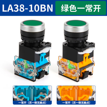 LA38-11BN Round Flat-Head Push Button Switch, Self-Resetting, Jog, Self-Locking, Start/Stop, with Symbols and Markings 22