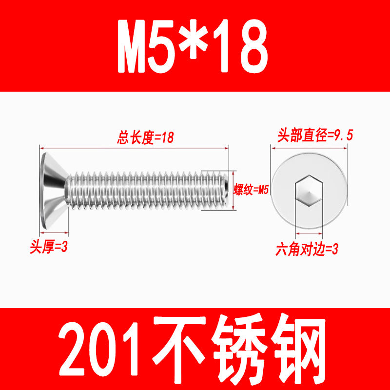 201 Stainless Steel Countersunk Head Hexagonal Screws Flat Head Screws Machine Thread Flat Cup Bolts M3M4M5M6M8M10M12