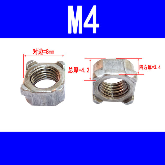 Square welded nuts, four-corner spot welded nuts, spot welded nuts, square nuts, type 928B, M4, M5, M6, M8, M10, M12