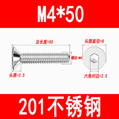 201 Stainless Steel Countersunk Head Hexagonal Screws Flat Head Screws Machine Thread Flat Cup Bolts M3M4M5M6M8M10M12