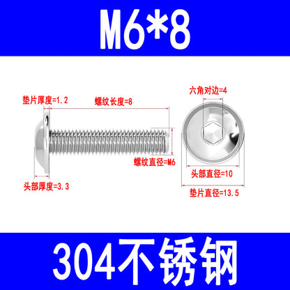 304 Stainless Steel Round Head Hex Socket Head Screws with Washers, Mushroom Head Pan Head Machine Screws M3 M4 M5 M6 M8