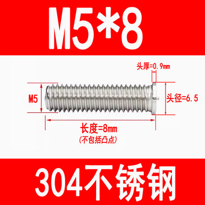 PT type 304 stainless steel welded screws, including welded studs, spot welded studs, and welded bolts (M3, M4, M5, M6, M8).