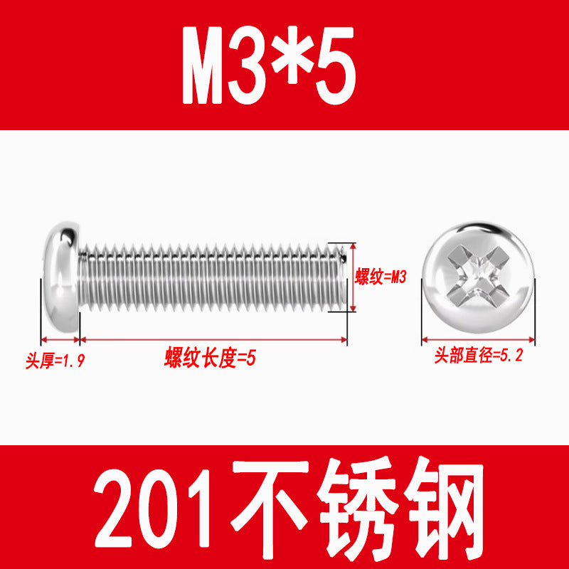 201 Stainless Steel Cross Round Head Screws Pan Head Cross Screws Machine Thread Cross Slot Screws M3M4M5M6M8