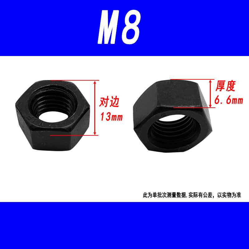 Black 8.8 grade hexagonal nut, high strength, external hexagonal screw cap, fine thread M6, M8, M10, M12, M16, M20