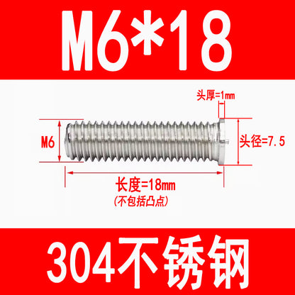 PT type 304 stainless steel welded screws, including welded studs, spot welded studs, and welded bolts (M3, M4, M5, M6, M8).