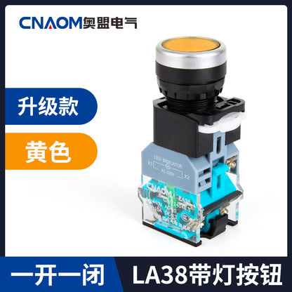 Flat-head illuminated push-button switch LA38-11D, illuminated control button LA38-11DN, self-resetting 22mm