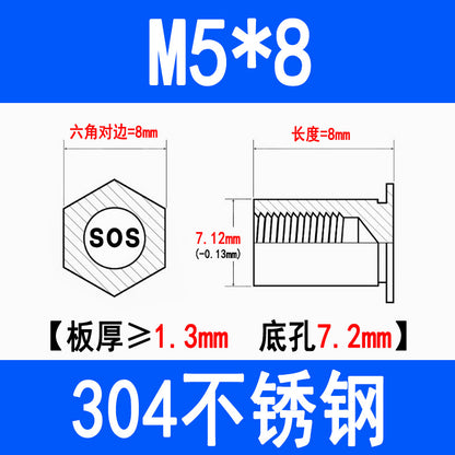 304 Stainless Steel Through-Hole Press-Fit Nut Post, Hexagonal Press-Fit Stud, Sheet Metal Press Plate Post, SOS-M3M4M5M6