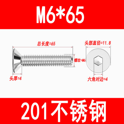 201 Stainless Steel Countersunk Head Hexagonal Screws Flat Head Screws Machine Thread Flat Cup Bolts M3M4M5M6M8M10M12