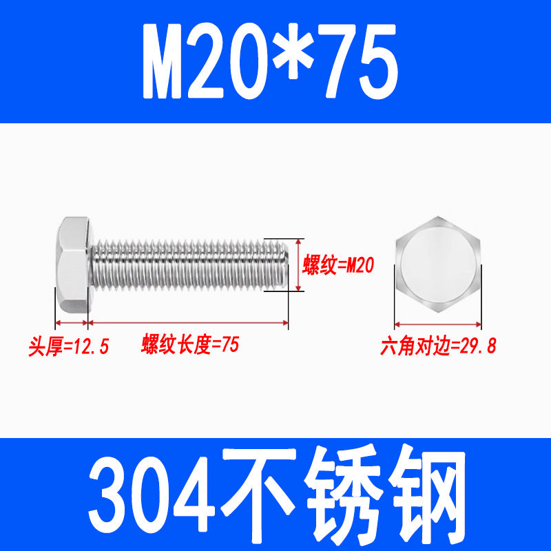 304 Stainless Steel External Hex Head Screws, Hex Head Bolts, Fully Threaded Extended Screws M5 M6 M8 M10 M12 M16