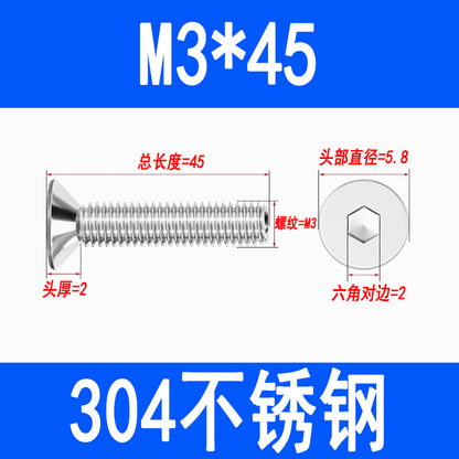 304 Stainless Steel Countersunk Hex Socket Head Screws, Flat Head Hex Socket Machine Screws, Flat Cup Bolts M3 M4 M5 M6 M8 M10