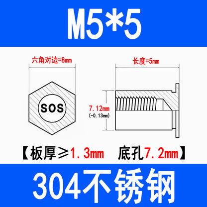 304 Stainless Steel Through-Hole Press-Fit Nut Post, Hexagonal Press-Fit Stud, Sheet Metal Press Plate Post, SOS-M3M4M5M6