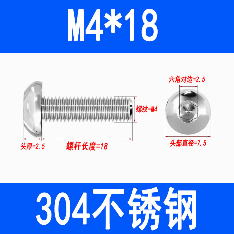 304 Stainless Steel Semi-round Head Hex Socket Head Screws Pan Head Screws Flat Round Head Mushroom Head Bolts M3 M4 M5 M6 M8