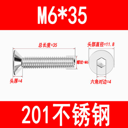 201 Stainless Steel Countersunk Head Hexagonal Screws Flat Head Screws Machine Thread Flat Cup Bolts M3M4M5M6M8M10M12