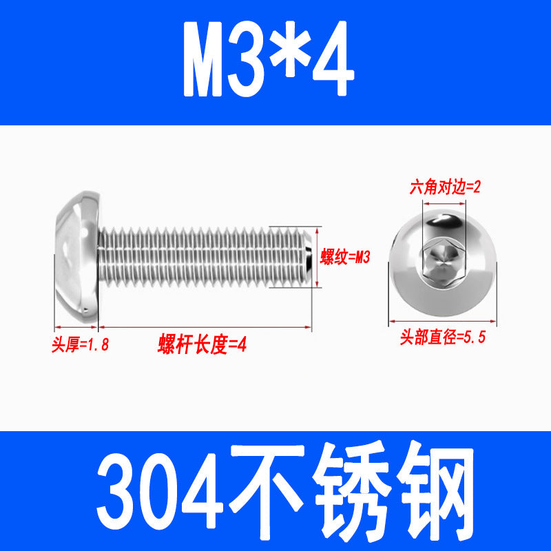 304 Stainless Steel Semi-round Head Hex Socket Head Screws Pan Head Screws Flat Round Head Mushroom Head Bolts M3 M4 M5 M6 M8