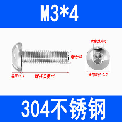 304 Stainless Steel Semi-round Head Hex Socket Head Screws Pan Head Screws Flat Round Head Mushroom Head Bolts M3 M4 M5 M6 M8