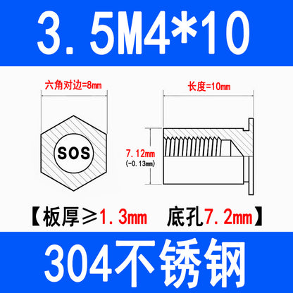 304 Stainless Steel Through-Hole Press-Fit Nut Post, Hexagonal Press-Fit Stud, Sheet Metal Press Plate Post, SOS-M3M4M5M6