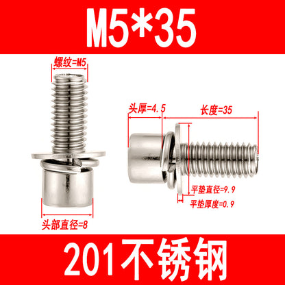 201 Stainless Steel Hexagon Combination Screws Cylindrical Head Screws with Flat Elastic Washer Bolts M3M4M5M6M8